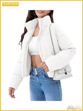 Cropped Quilted Puffer Jacket Stand Collar Full Zip Warm Winter Coat